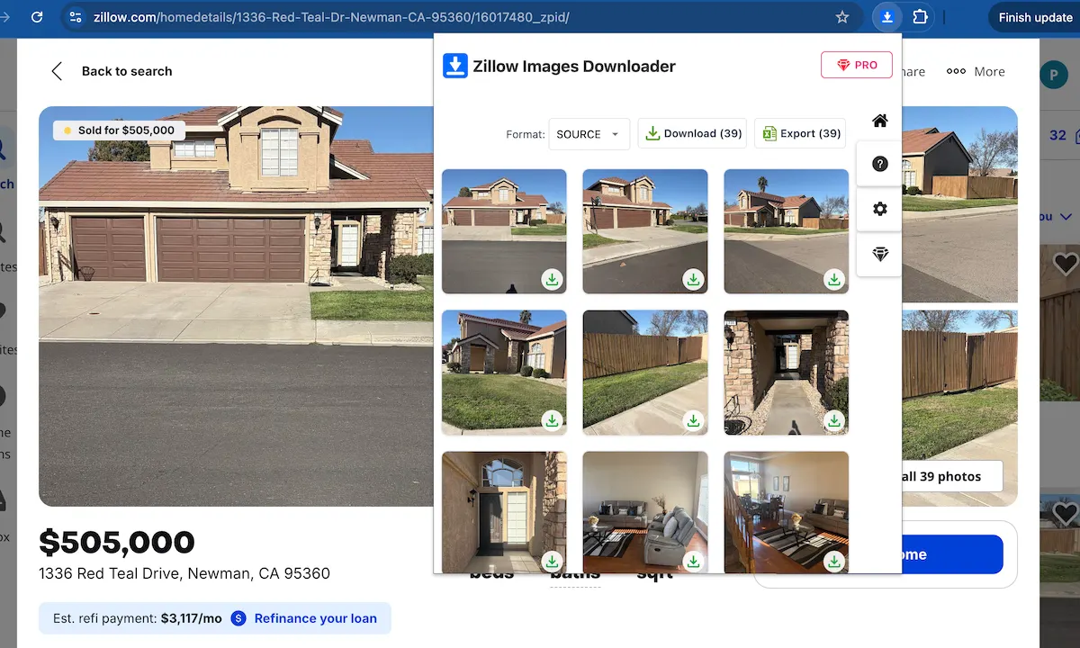 Zillow Images Downloader Chrome extension detecting listing images