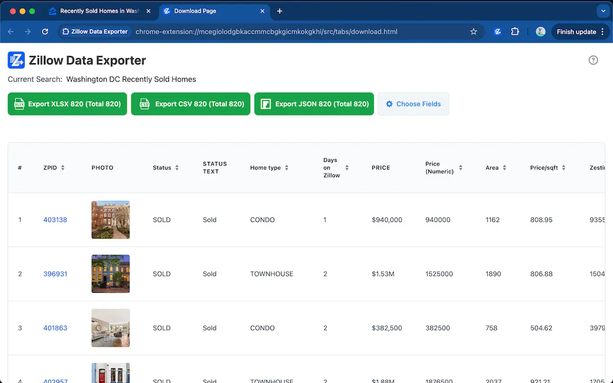 preview captured Zillow search result rows before export