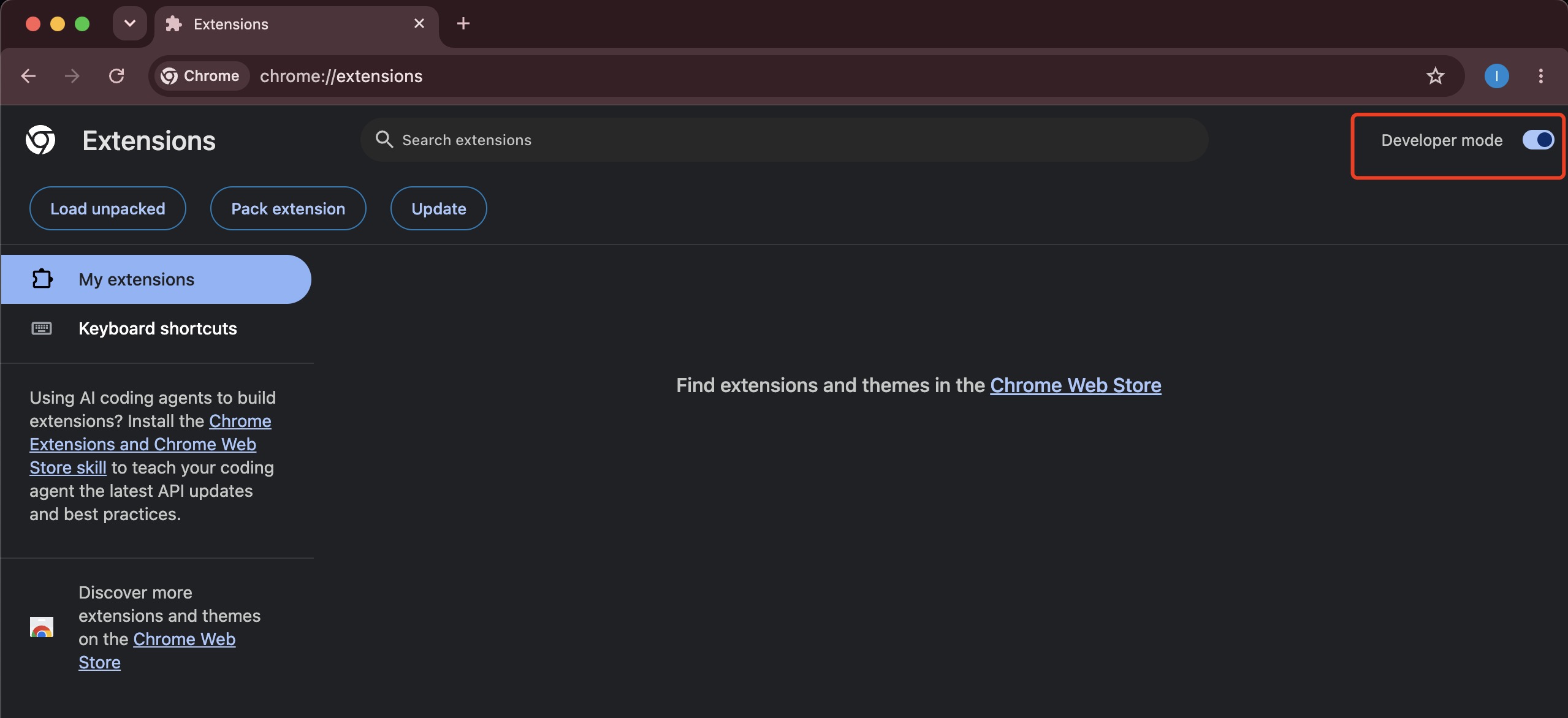 Developer mode switch highlighted on the Chrome extensions page