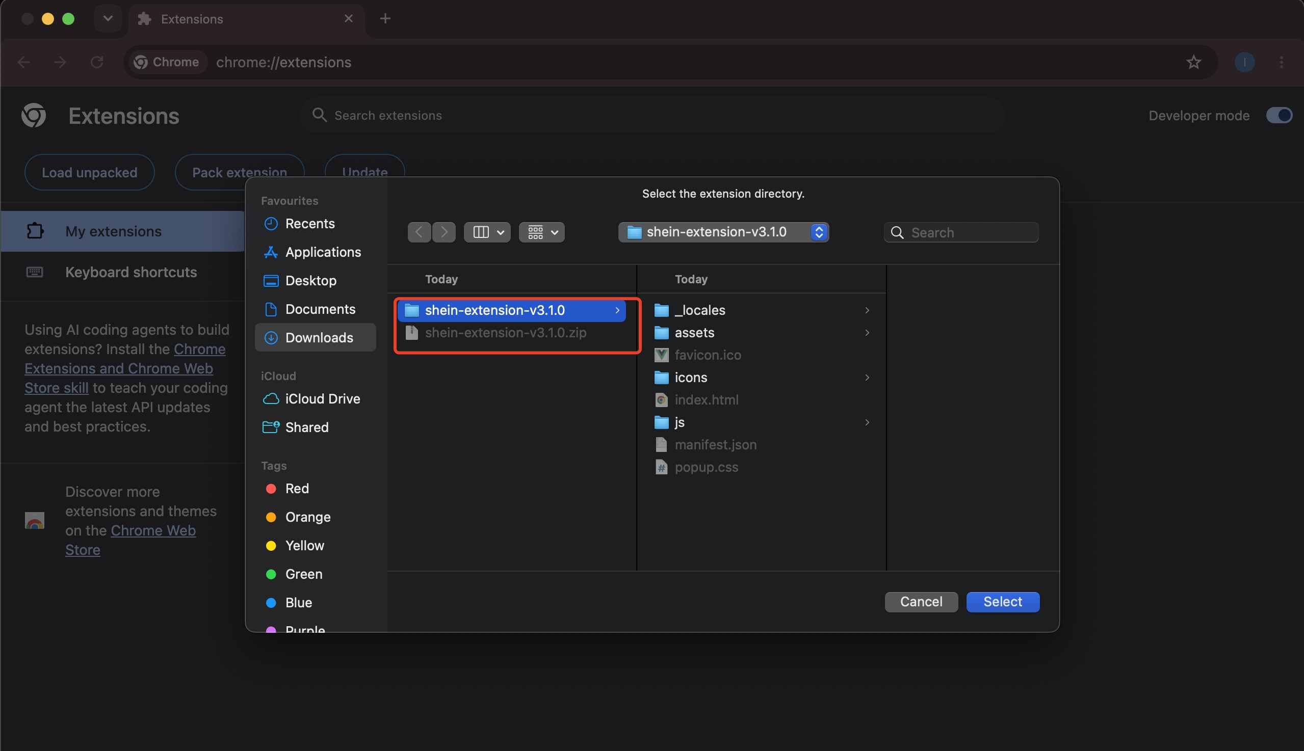 Selecting the unzipped Shein extension folder in the file picker