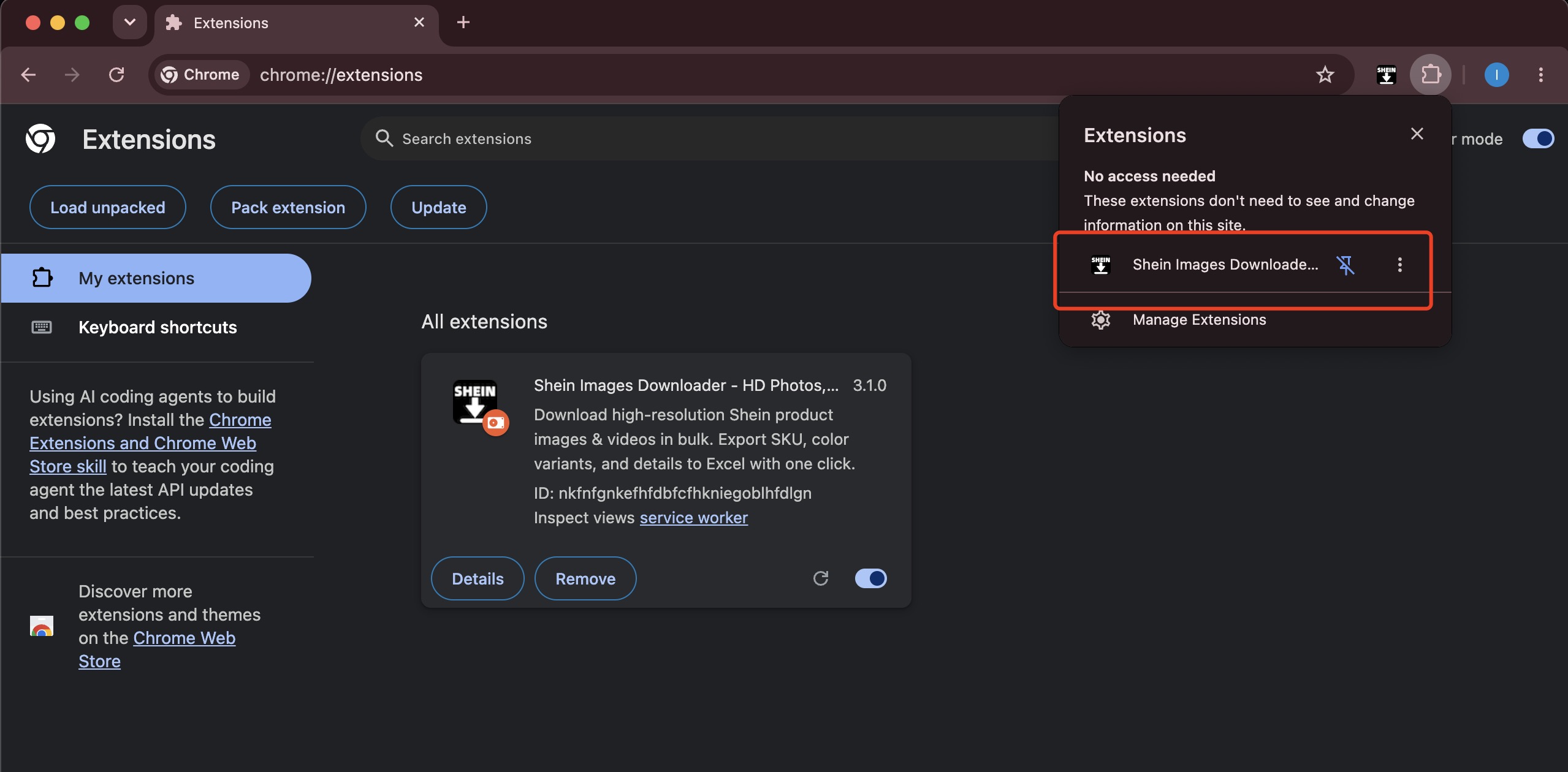 The Shein extension loaded on the Chrome extensions page