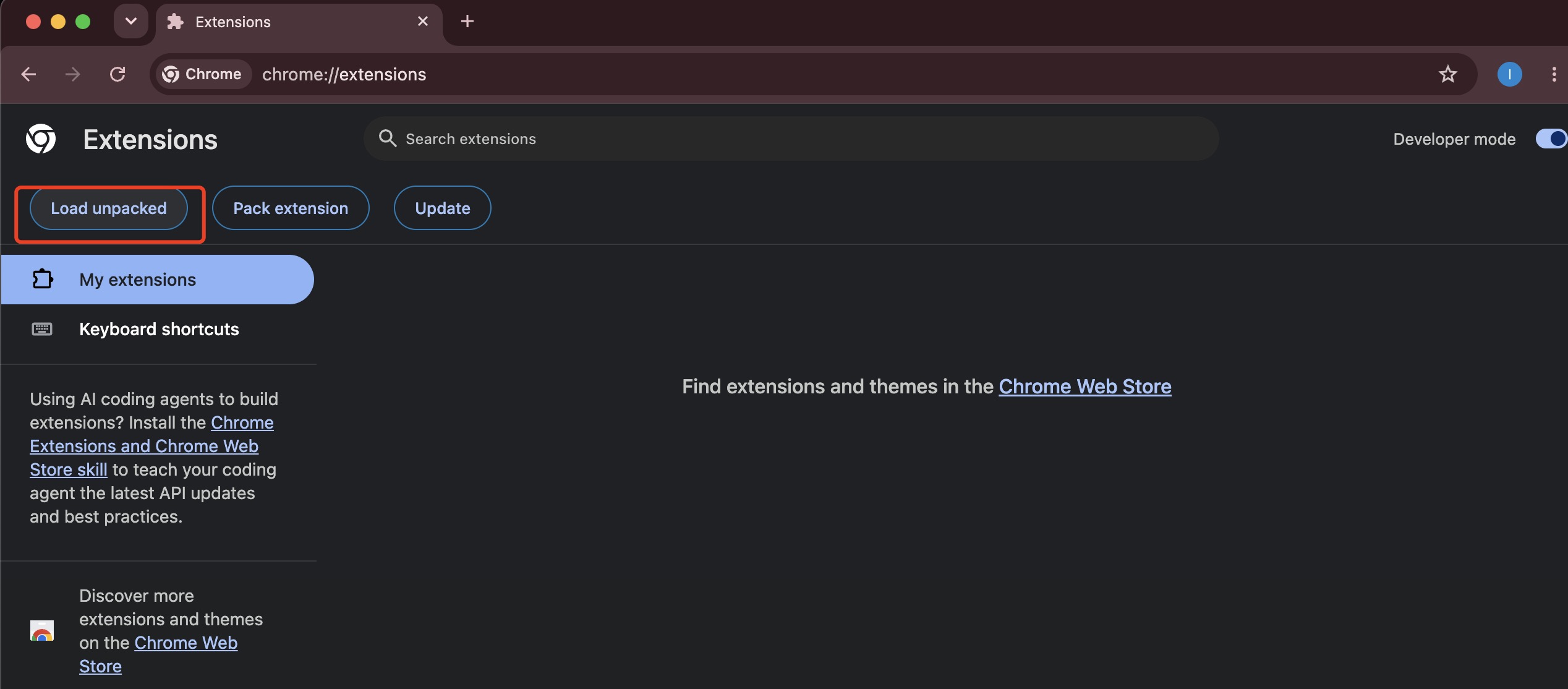 Load unpacked button highlighted on the Chrome extensions page